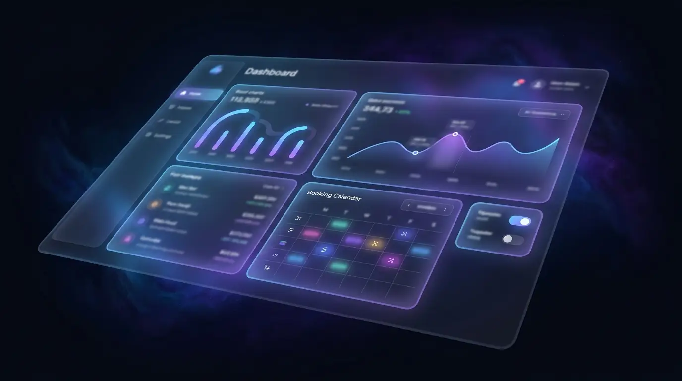 Sleek dark-mode business dashboard showing glowing KPI cards, bar charts and a booking calendar with blue and violet gradient accents
